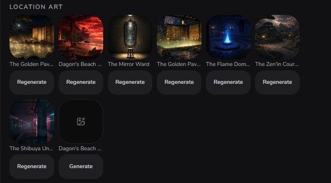 The Build tab art gallery — cover, cast portraits, location art, and player looks