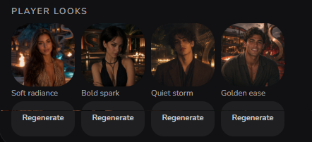 The Build tab art gallery — cover, cast portraits, location art, and player looks