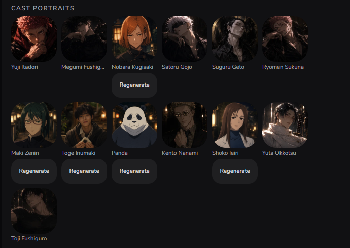 The Build tab art gallery — cover, cast portraits, location art, and player looks