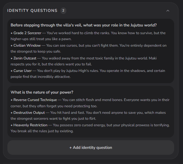 The identity questions editor with role and power choices, each with flavor text