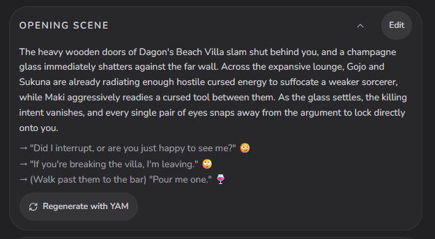 The opening scene editor — a mid-collision villa scene ending on a hook, with player choices