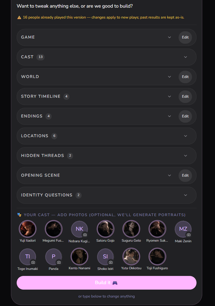 The plan card with Game, Cast, World, Hidden Threads and other sections