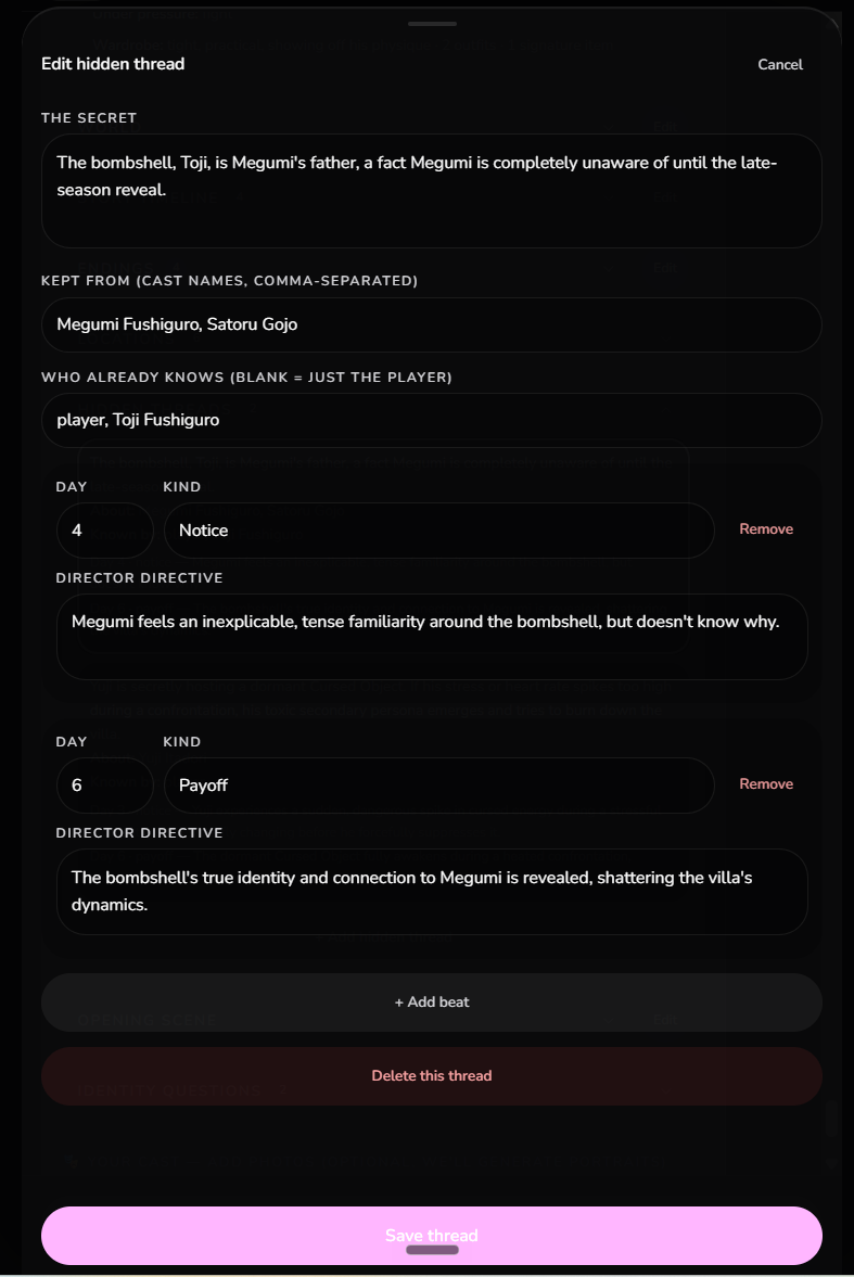 The hidden threads list and the thread edit sheet with day-gated beats