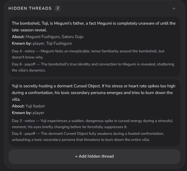 The hidden threads list and the thread edit sheet with day-gated beats
